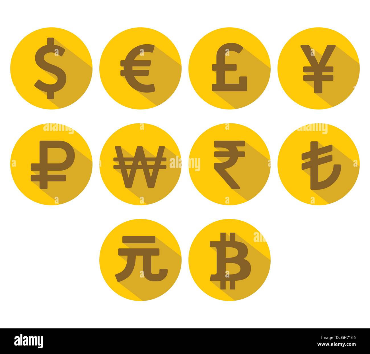 Currency Icons Set. Flat design with long shadow. Vector illustration. Stock Vector