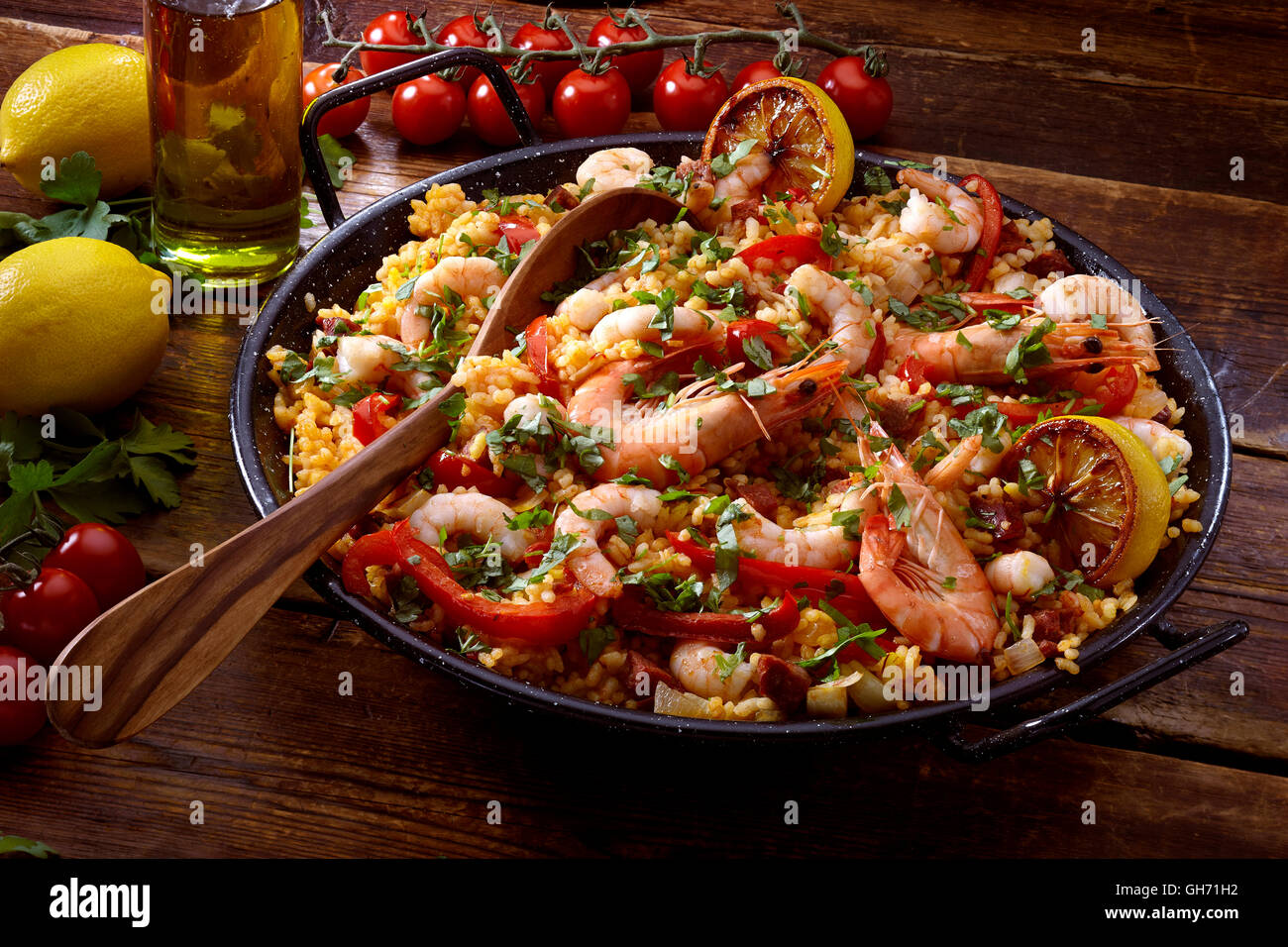 Chorizo prawn paella Stock Photo Alamy