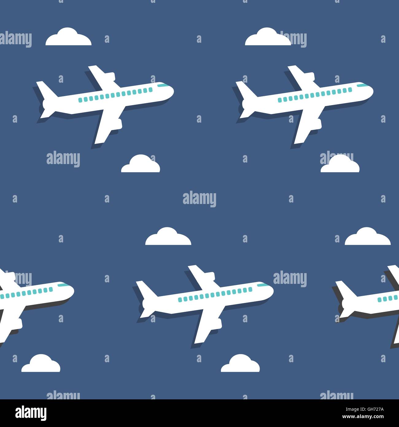 Seamless pattern. Airplanes and clouds over blue background. Vector Illustration Stock Vector