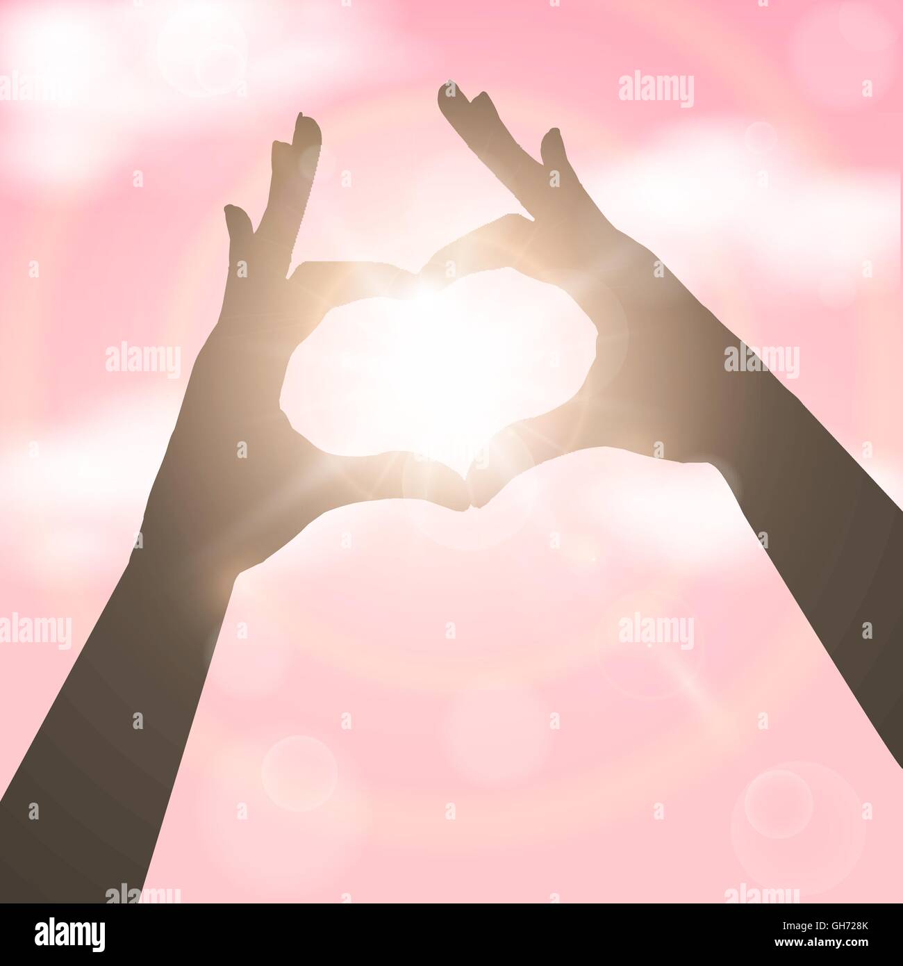 Hands in the form of heart over pink sky. Concept vector illustration Stock Vector