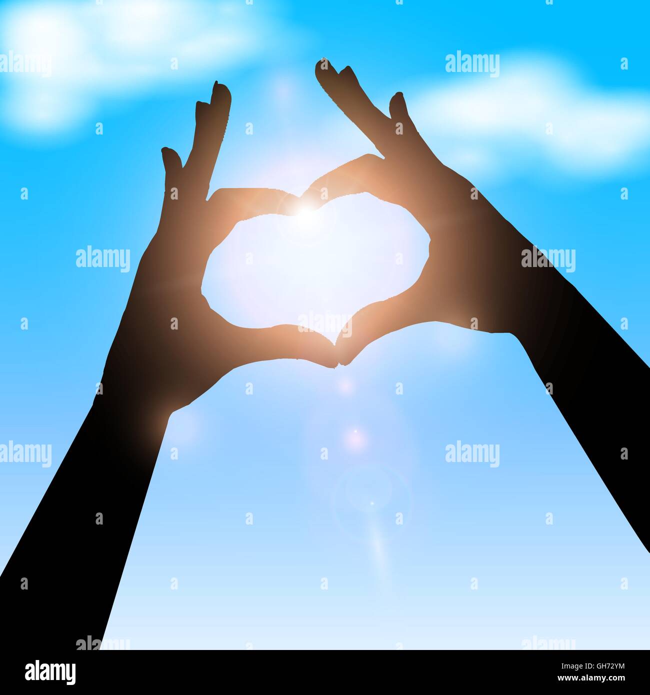 Love shape hand silhouette in sky. Concept vector illustration Stock Vector