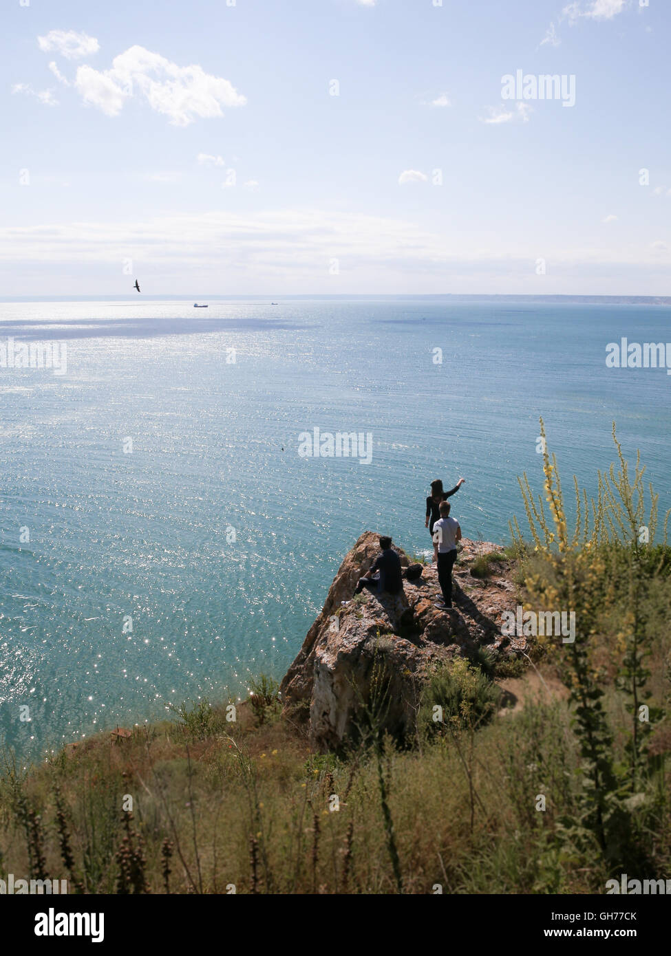 Three young men sitting on a rock looking out to sea Stock Photo - Alamy