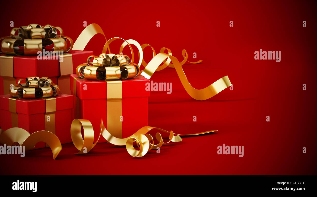 Giftboxes wrapped with red ribbon isolated on white background. 3D ...