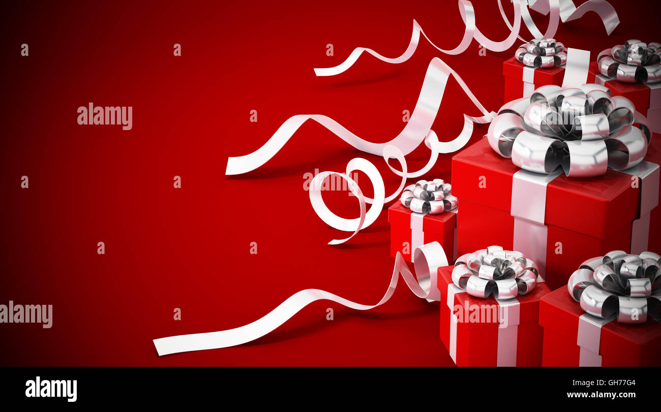 Giftboxes wrapped with red ribbon isolated on white background. 3D ...