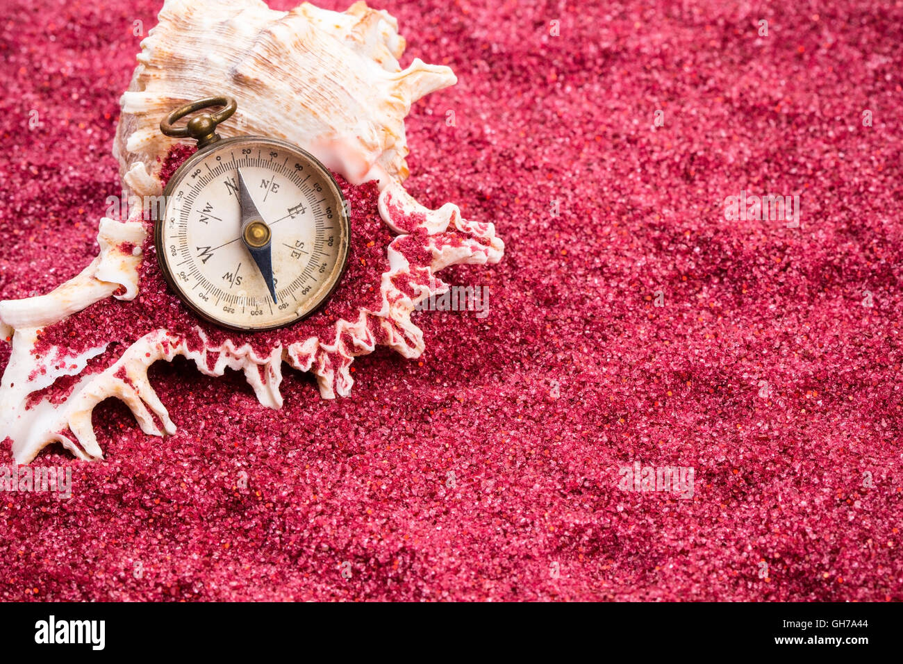 Compass with shell on red sandy background Stock Photo - Alamy