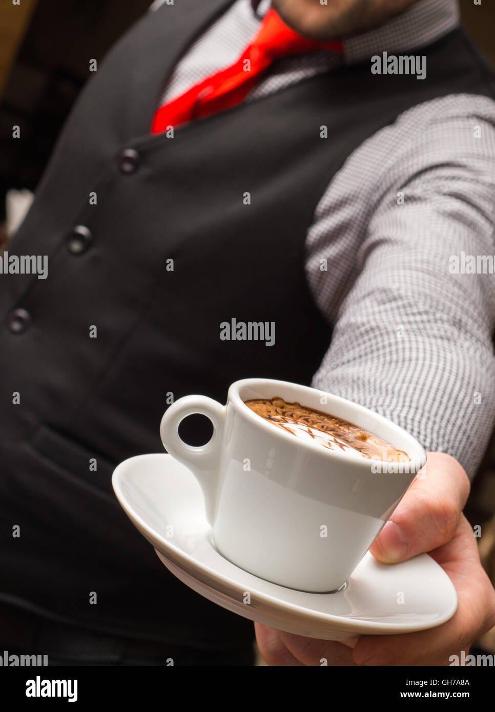waiter serving coffee cup close Stock Photo Alamy