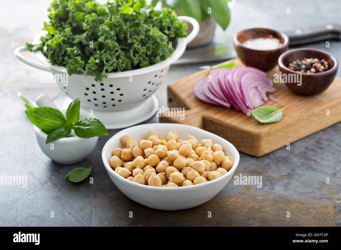 Cooking with kale and chickpeas Stock Photo