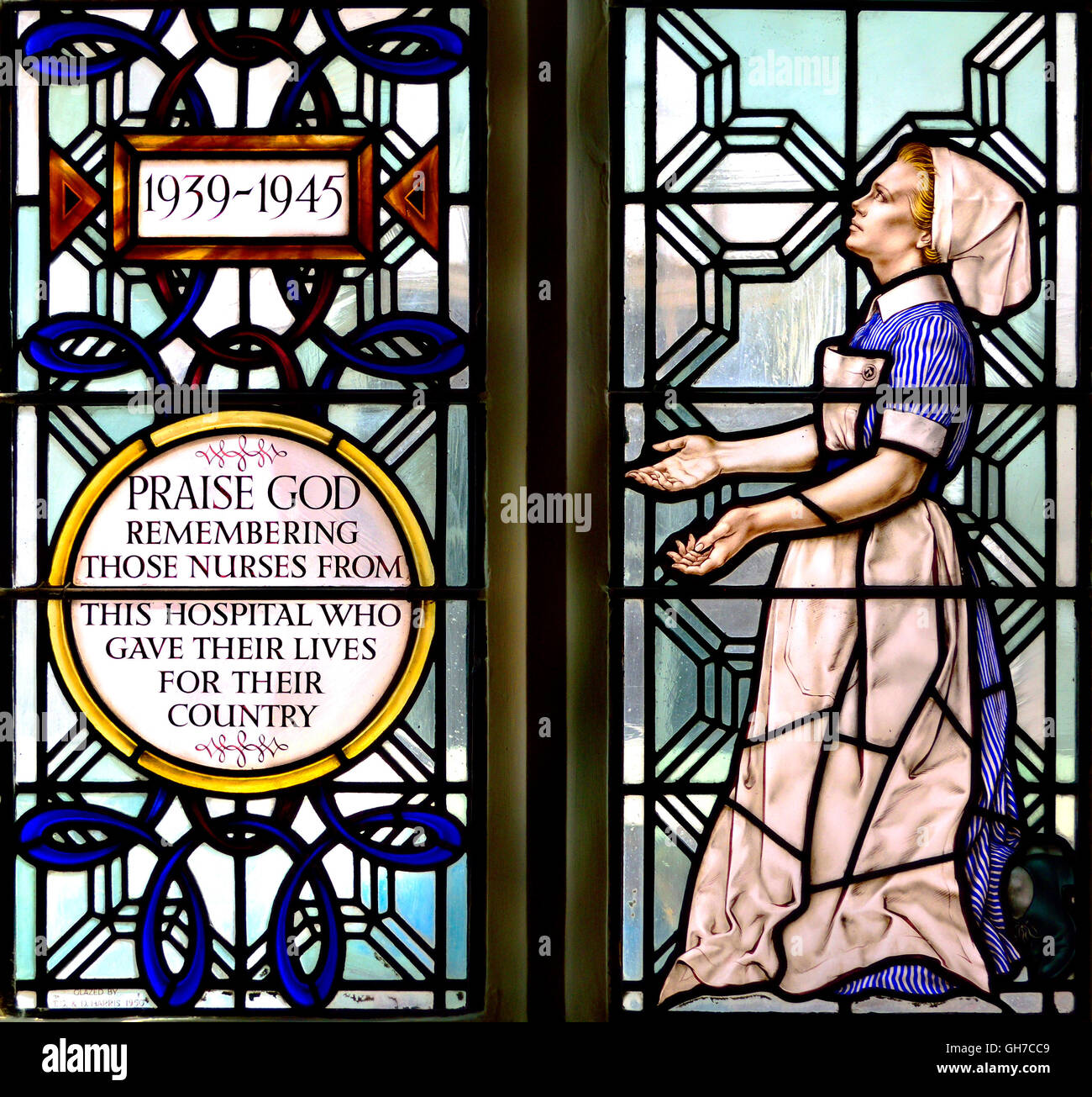 London England, UK. Church of St Bartholomew the Less. Stained glass window remembering the nurses of Bart's Hospital who died.. Stock Photo