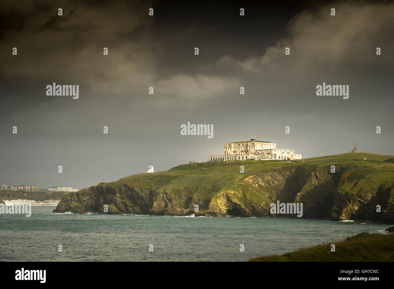 Storm clouds gathering over the Atrantic Hotel in Newquay, Cornwall. Stock Photo