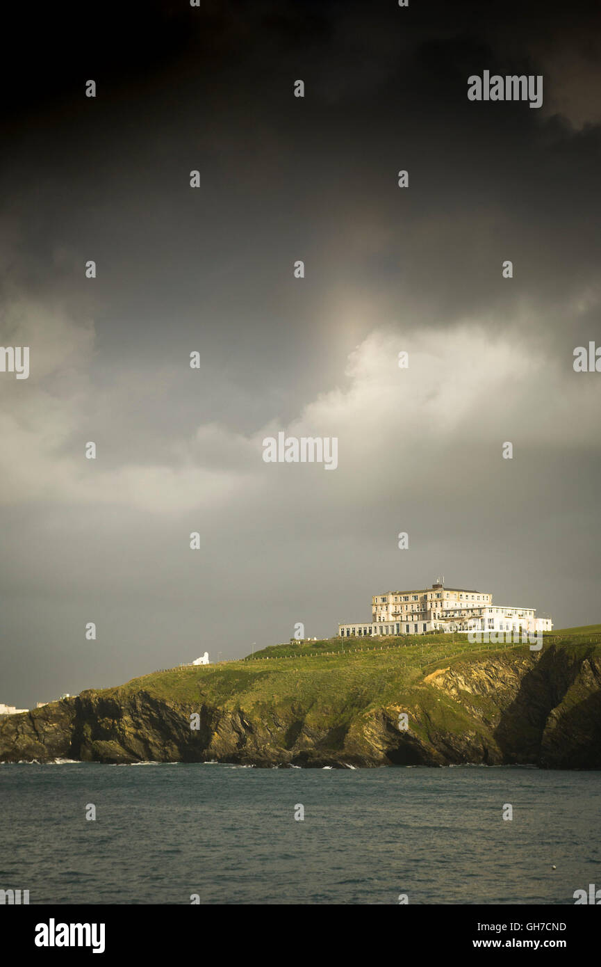Storm clouds gathering over the Atlantic Hotel in Newquay, Cornwall. Stock Photo