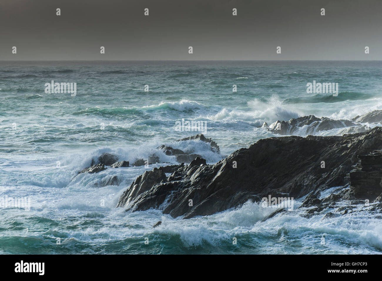 Rough seas off Towan Headland on the coast of Newquay, Cornwall. Stock Photo