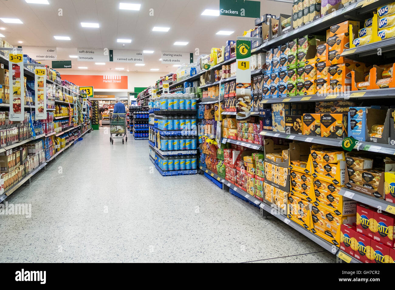 A shopping aisle in a Morrisons supermarket. Stock Photo