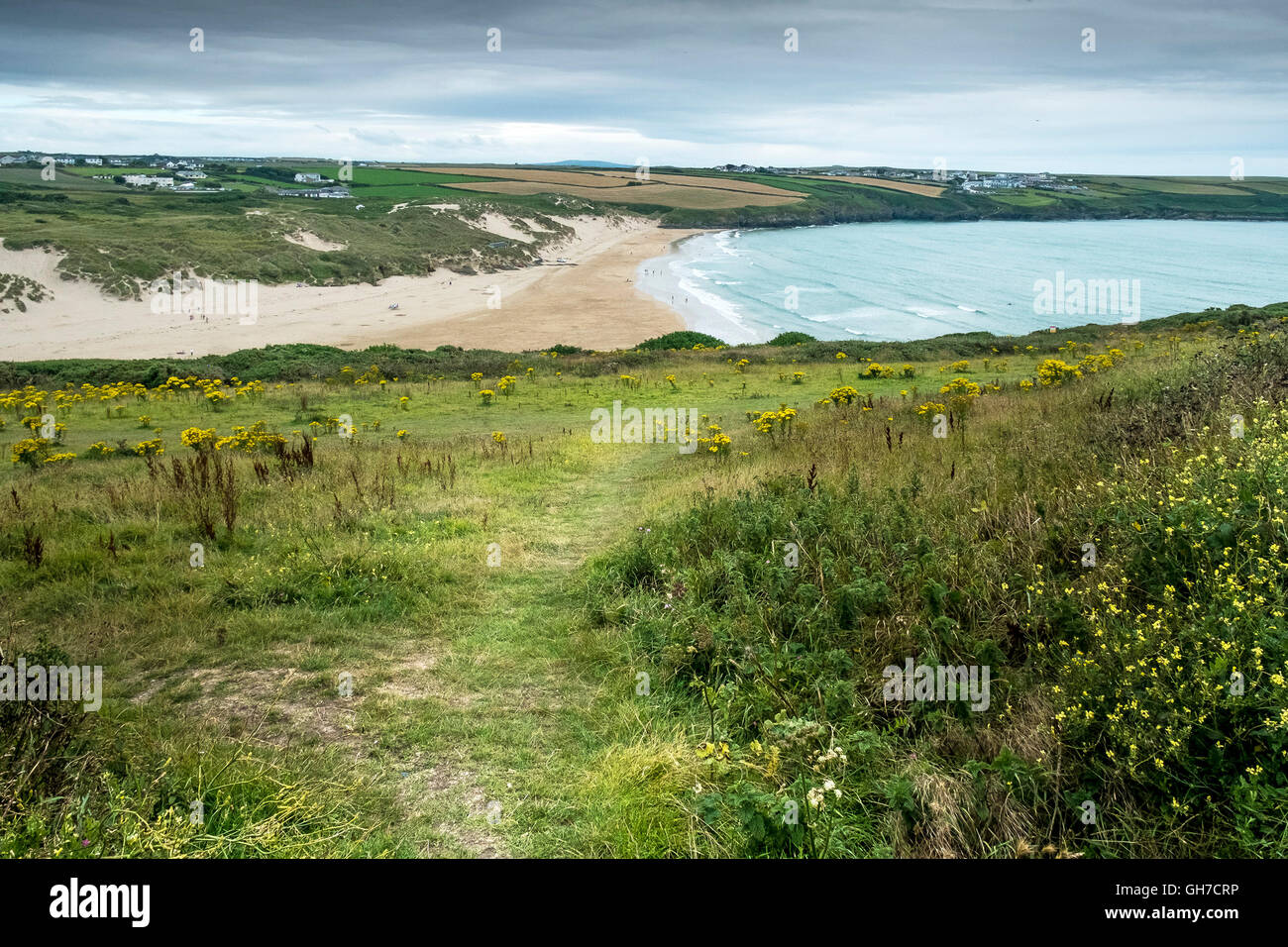Crantock Beach seen from East Pentire Headland in Newquay, Cornwall. Stock Photo
