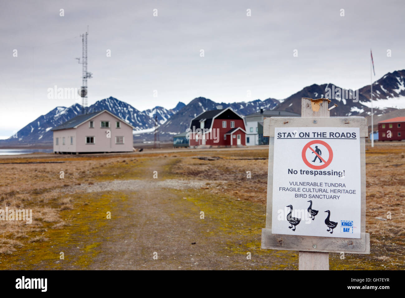 Warning sign for bird sanctuary near Ny-Ålesund, Svalbard / Spitsbergen, Norway Stock Photo