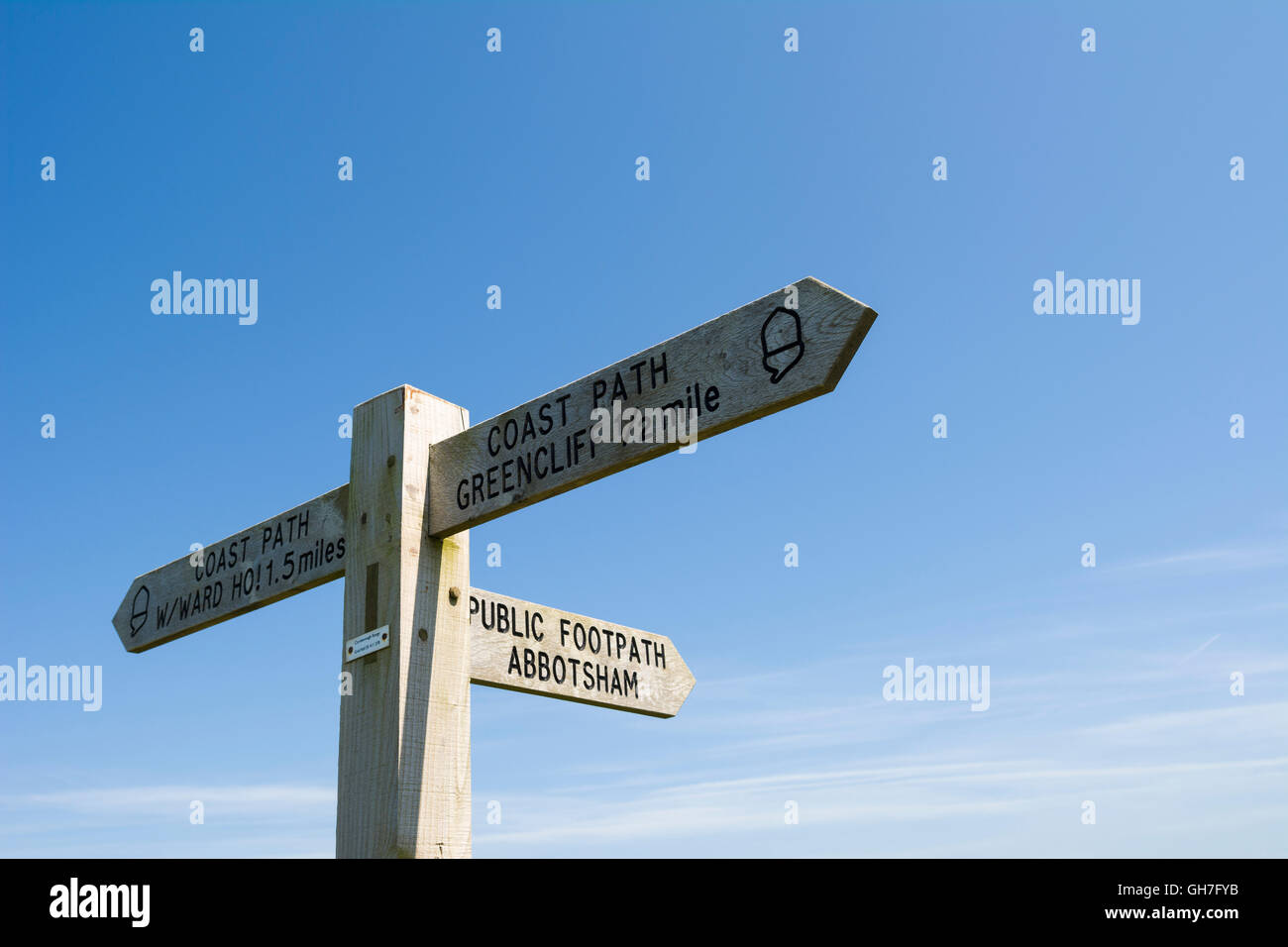 A signpost on the South West Coast path at Abbotsham, North Devon ...
