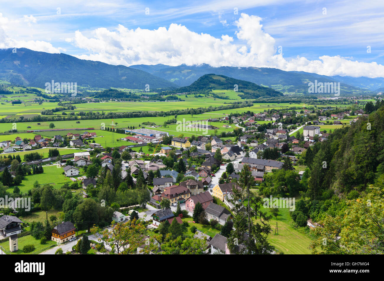 Wörschach: overlooking Wörschach and the Ennstal, Austria, Steiermark, Styria, Dachstein-Tauern-Region Stock Photo
