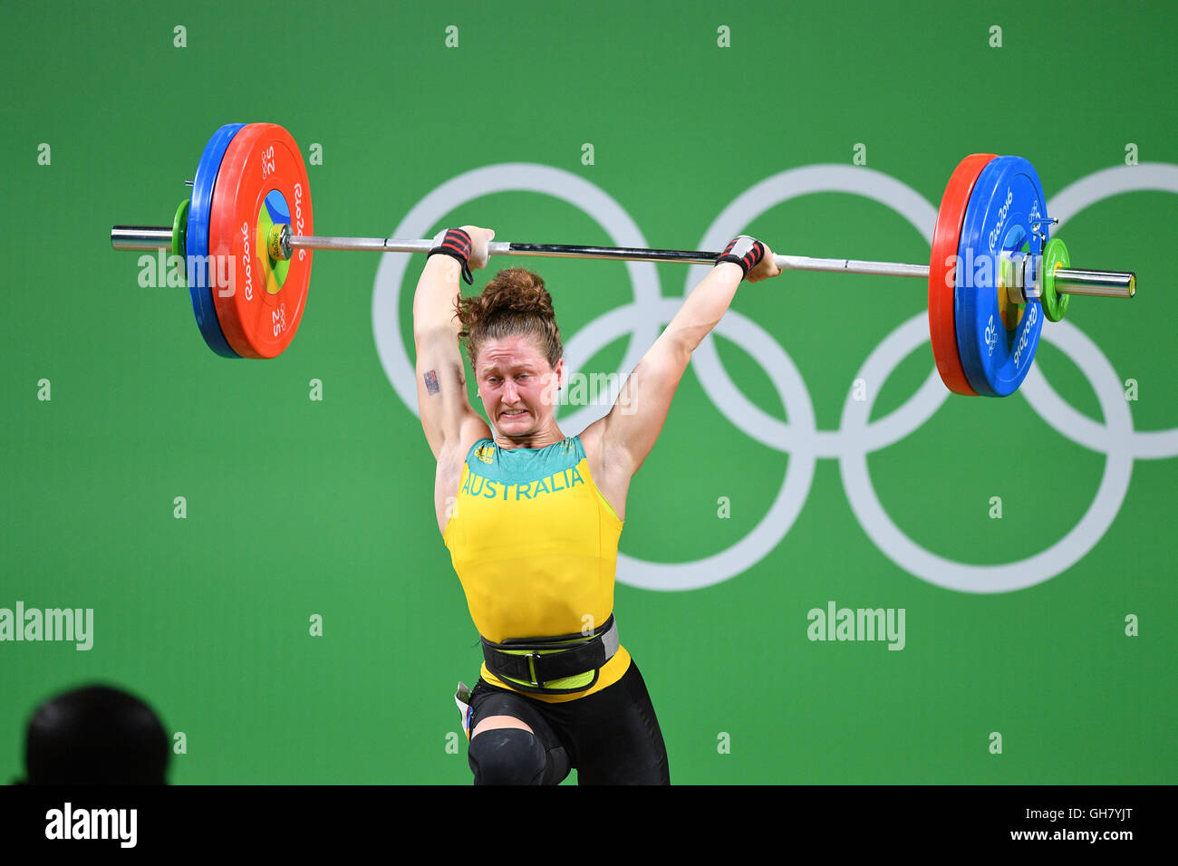 Rio de Janeiro, Brazil. 8th Aug, 2016. Tia-Clair Toomey of Australia  competes during the Women's 58kg Group B category of the Rio 2016 Olympic  Games Weightlifting events at the Riocentro in Rio