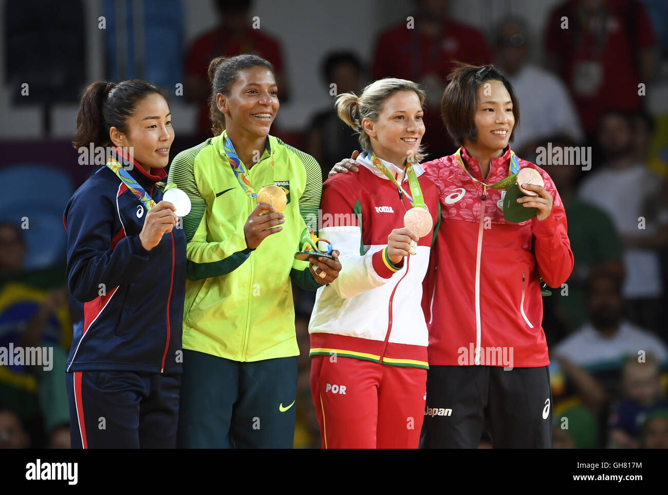 Rio de Janeiro, Brazil. 8th August, 2016. Gold medalist Rafaela Silva (2nd, L) of Brazil, silver medalist Sumiya Dorjsuren of Mongolia (1st, L), bronze medalists Telma Monteiro of Portugal (2nd, R) and Kaori Matsumoto of Japan pose for photos during the awarding ceremony of women's -57kg judo final at the 2016 Rio Olympic Games in Rio de Janeiro, Brazil, on Aug. 8, 2016.?Xinhua/Wu Wei?(xr) Credit:  Xinhua/Alamy Live News Stock Photo