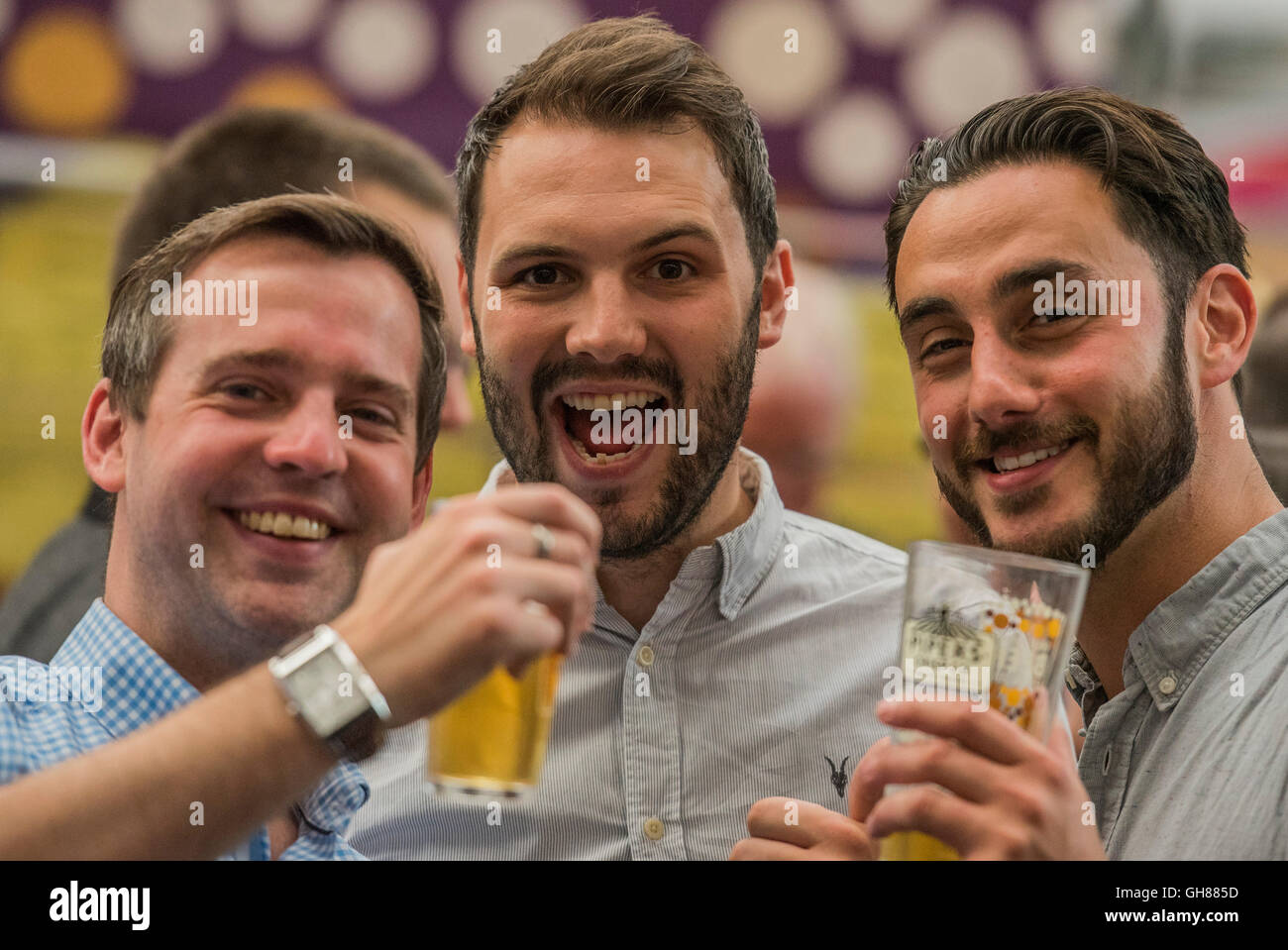 London, UK. 9th August, 2016. The Great British Beer Festival organised by the Campaign for Real Ale (CAMRA) offers visitors over 900 real ales, ciders, perries and international beers at Olympia. Credit:  Guy Bell/Alamy Live News Stock Photo