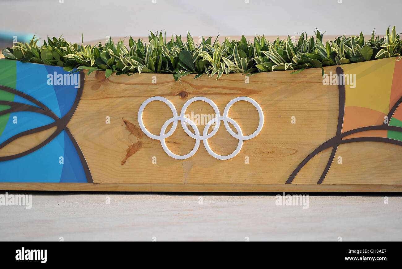 Rio de Janeiro, Brazil. 09th Aug, 2016. The Olympic rings on the podium. Canoe slalom. White water centre. X-Park. Deodoro. Rio de Janeiro. Brazil. 09/08/2016. Credit:  Sport In Pictures/Alamy Live News Stock Photo