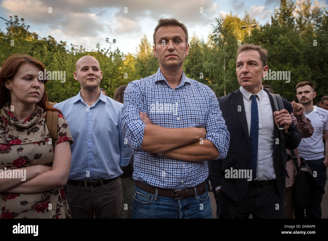 Moscow, Russia. 09 of August, 2016. Kira Yarmysh, Vladlen Los, Alexei Navalny, Roman Rubanov (from left to right) take part of protest against 'The Yarovaya law package' restricting Internet privacy during opposition rally in central park Sokolniki in Moscow, Russia Credit:  Nikolay Vinokurov/Alamy Live News Stock Photo