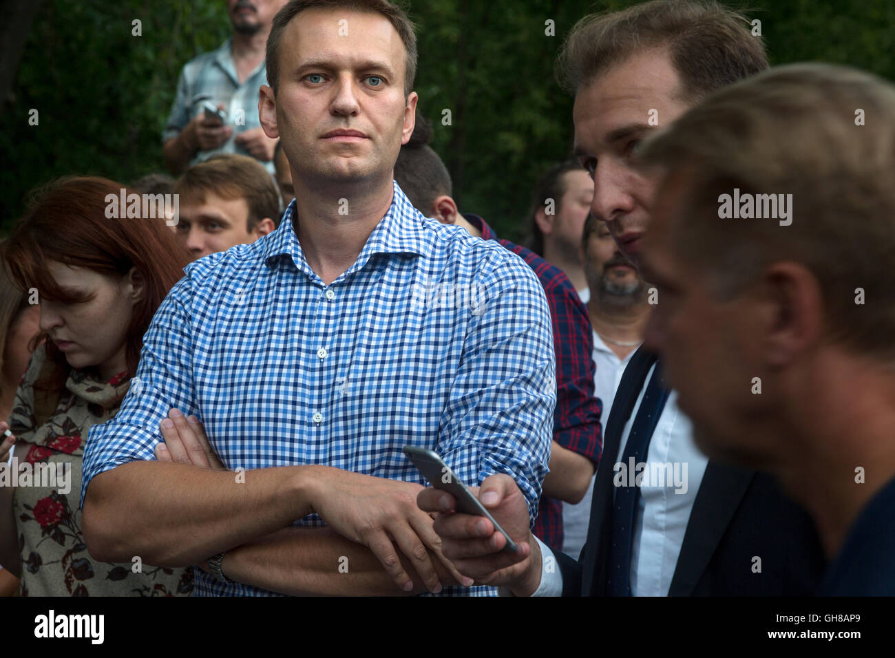 Moscow, Russia. 09 of August, 2016. Alexei Navalny protests against 'The Yarovaya law package' restricting Internet privacy during opposition rally in central park Sokolniki in Moscow, Russia Credit:  Nikolay Vinokurov/Alamy Live News Stock Photo