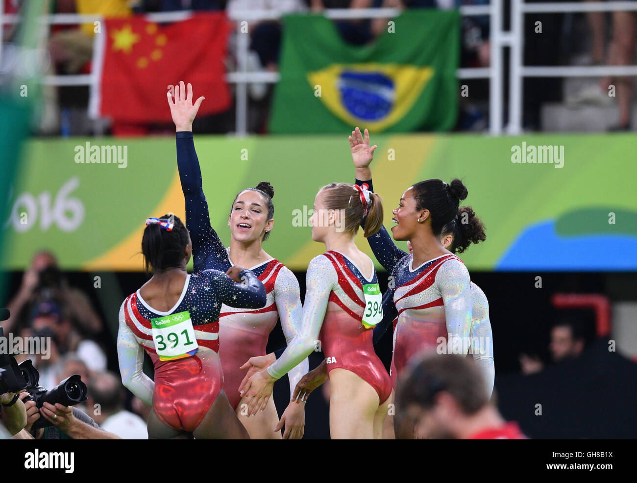The Women S Artistic Gymnastics Team From The Usa Celebrates During The Artistic Gymnastics Women S Team Final Of The Rio 16 Olympic Games At The Rio Olympic Arena Rio De Janeiro Brazil 9