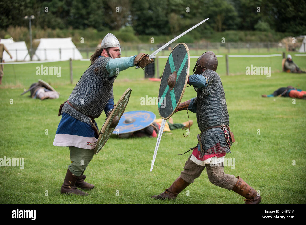 Viking battle re-enactment. One on one combat. Stock Photo