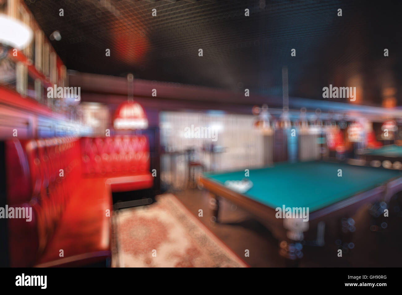 abstract blur. brand new and modern billiard interior in night time ...