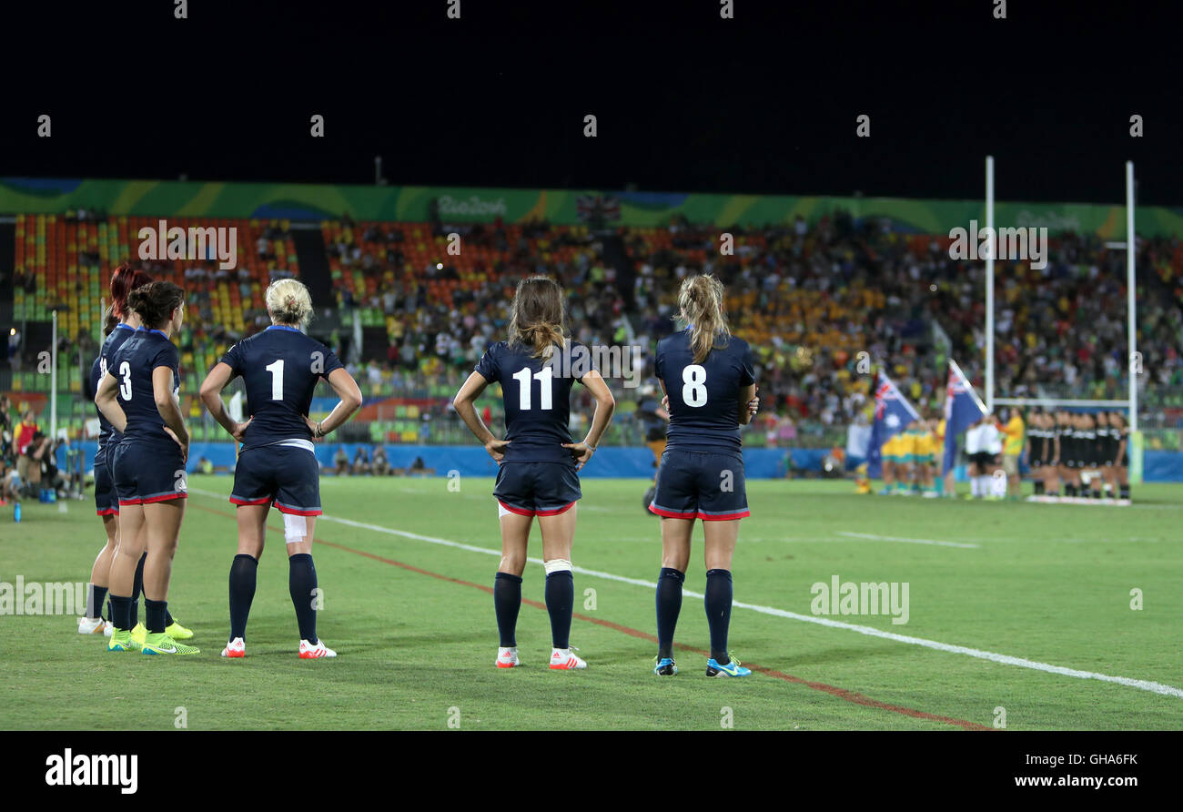 Great Britain's (left-right) Alice Richardson, Claire Allan, Jasmine Joyce and Emily Scott look on as Canada are awarded their bronze medals at the Deodoro Stadium on the third day of the Rio Olympic Games, Brazil. Stock Photo