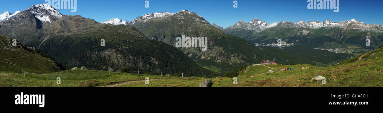 Panorama view of Engadine with (l) Sankt Moritz and Celerina, mountain range from Piz Bernina to Piz Nair, seen fr. Alp Languard Stock Photo