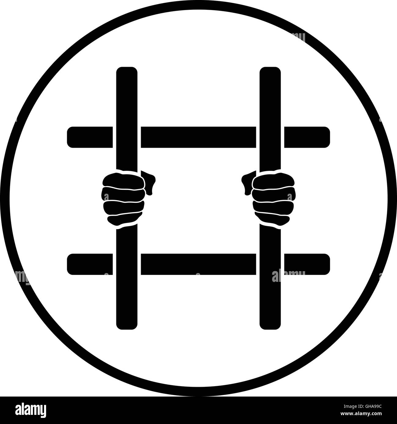 Hands holding prison bars icon. Thin circle design. Vector illustration. Stock Vector