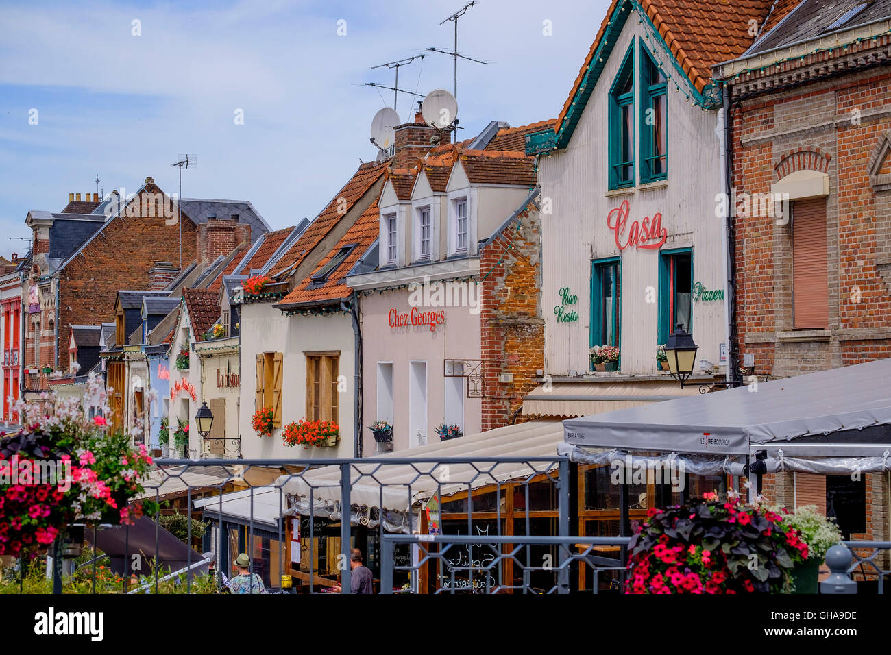 The first floor exteriors of restaurants in Amiens, France. Stock Photo