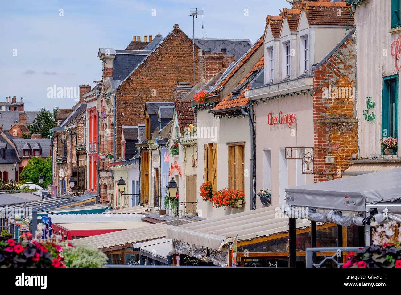 The first floor exteriors of restaurants in Amiens, France. Stock Photo