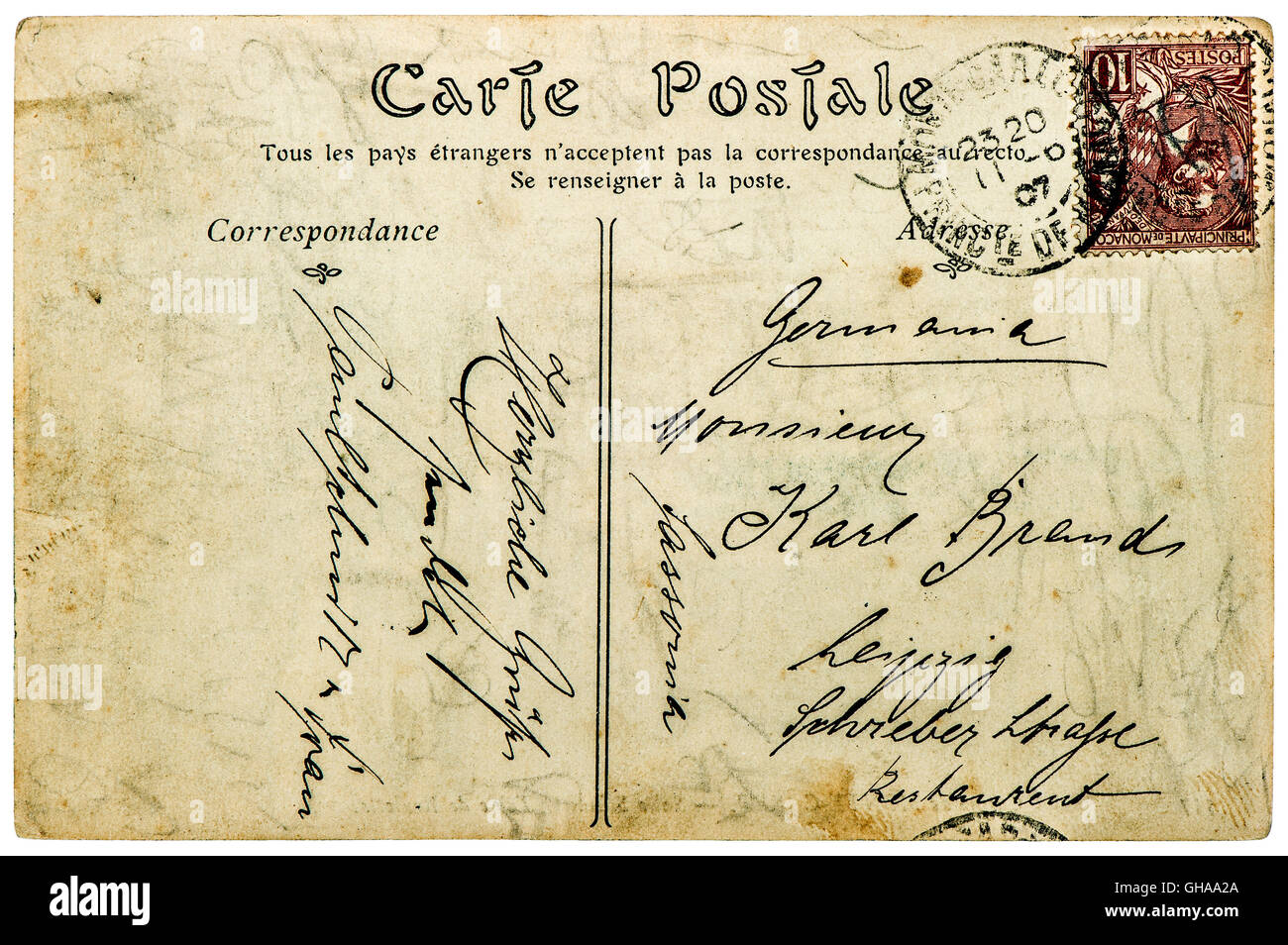 Vintage handwritten postcard letter with unreadable undefined text. Used paper texture background Stock Photo