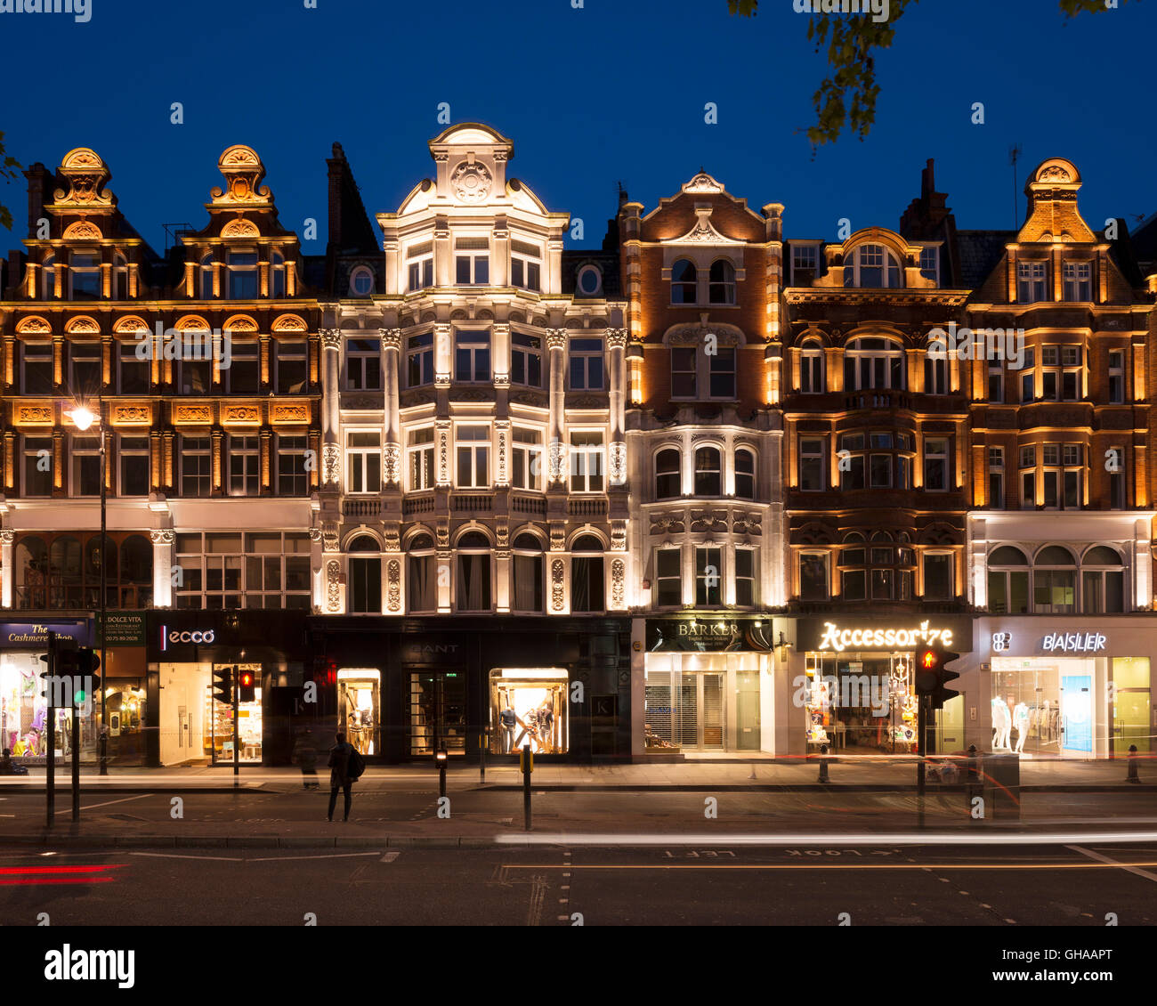 View across Brompton Road summer lighting. Knightsbridge Estate