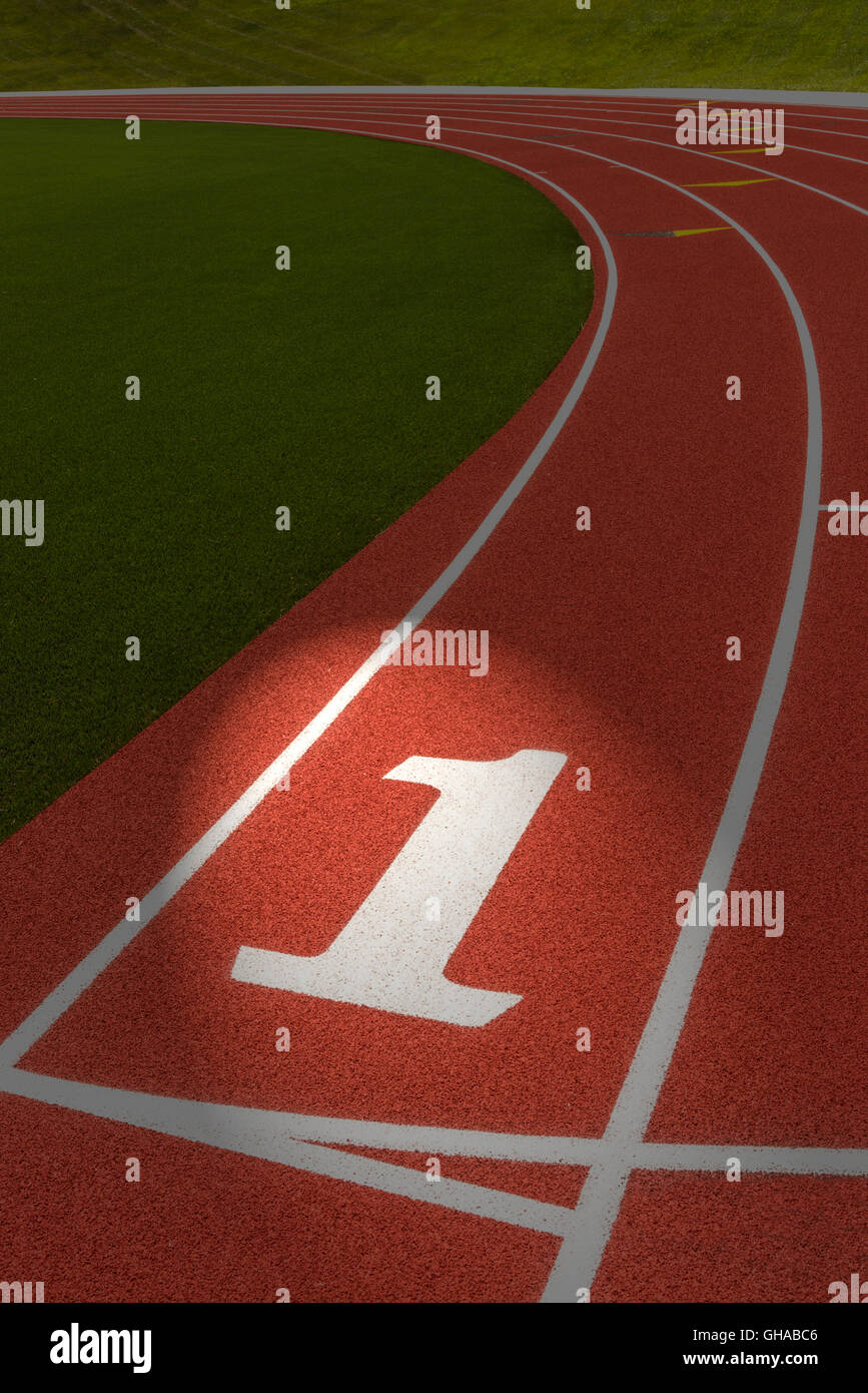 Close Up View Of A Track And Field Event Stadium With The Lanes Forming Graphic Patterns Stock Photo
