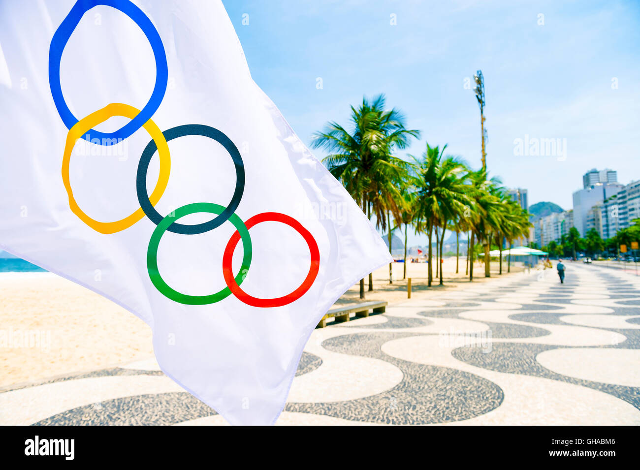 RIO DE JANEIRO - MARCH 10, 2016: Olympic flag waves in front of the ...