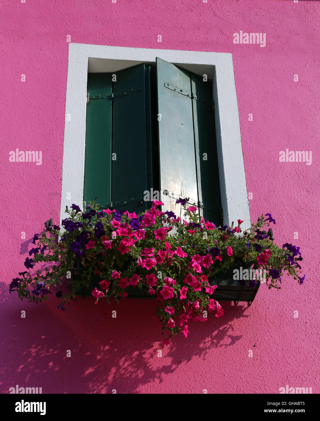 beautiful flowered balcony with a window in the house and many flower pots Stock Photo