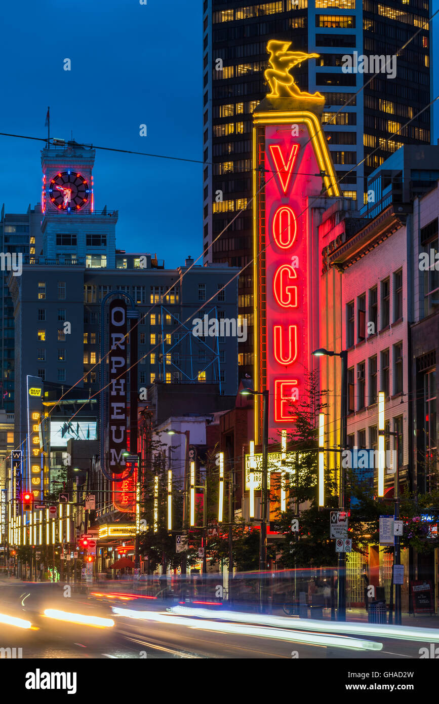 Night view of Granville Street, Vancouver, British Columbia, Canada Stock Photo