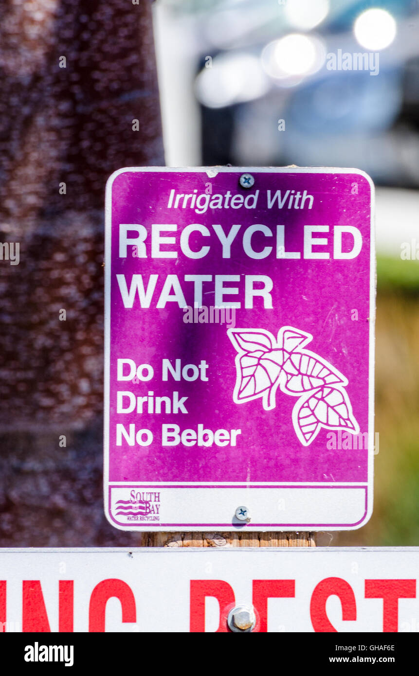 A recycled Water sign in San Jose California warning people not to drink Stock Photo