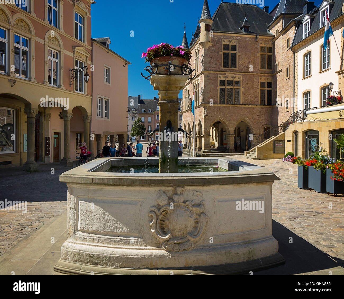 LUX - MULLERTHAL REGION: Place de Marche and gothic Hotel de Ville at Echternach Stock Photo