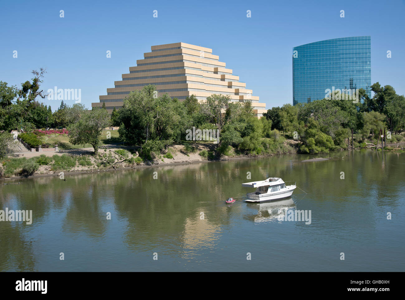 Ziggurat building glass tower building and Sacramento river California. Stock Photo