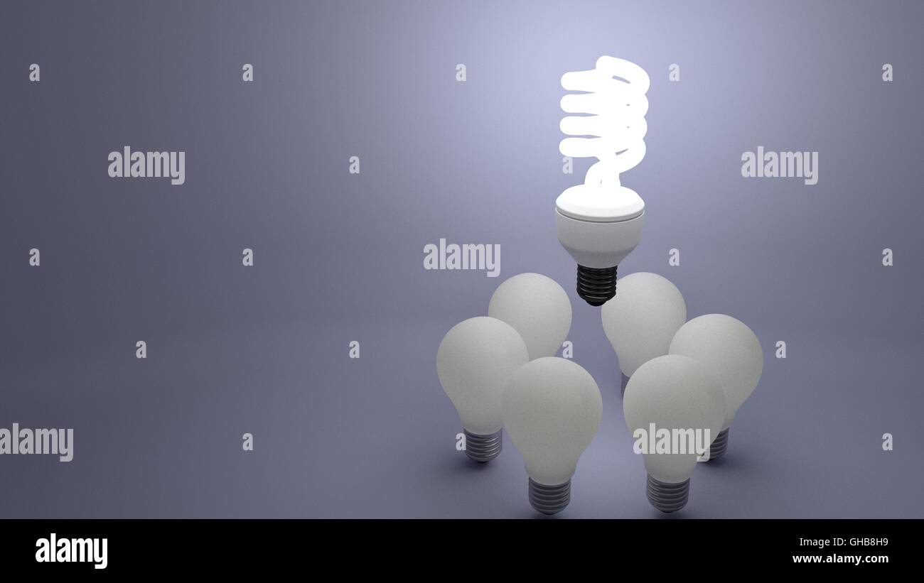 fluorescent bulb above dim bulbs showing bright ideas vs dim ones 3d
