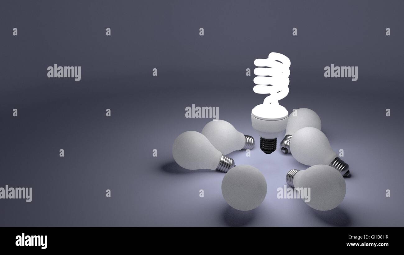 fluorescent bulb above dim bulbs showing bright ideas vs dim ones 3d