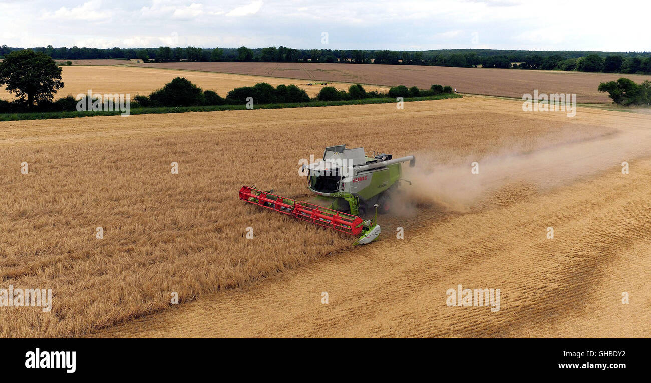 An aerial view of a combine harvester working in a field of Barley in Hampshire. Stock Photo