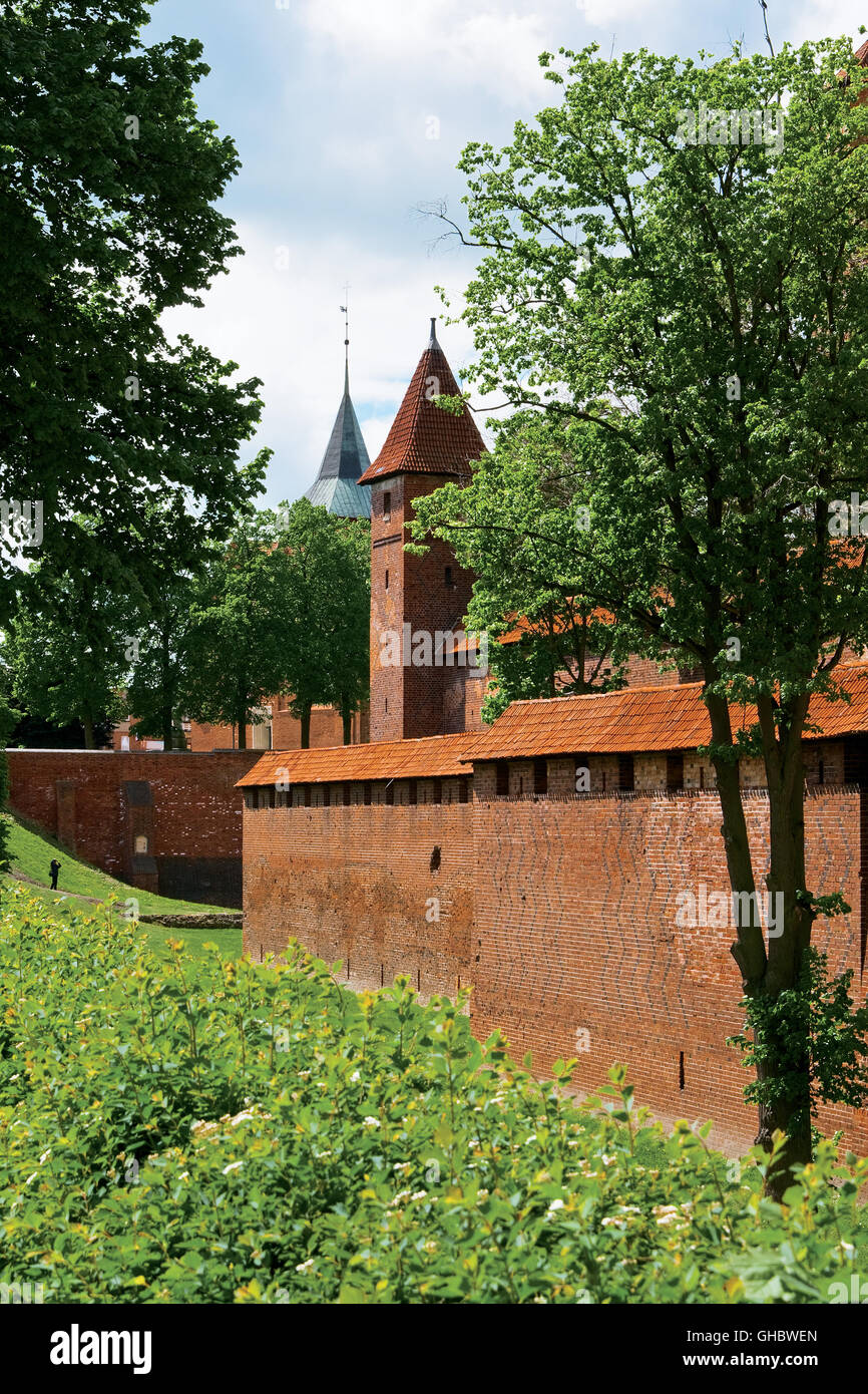 Landscape with towers and ramparts of the castle Malbrok. Poland Stock Photo