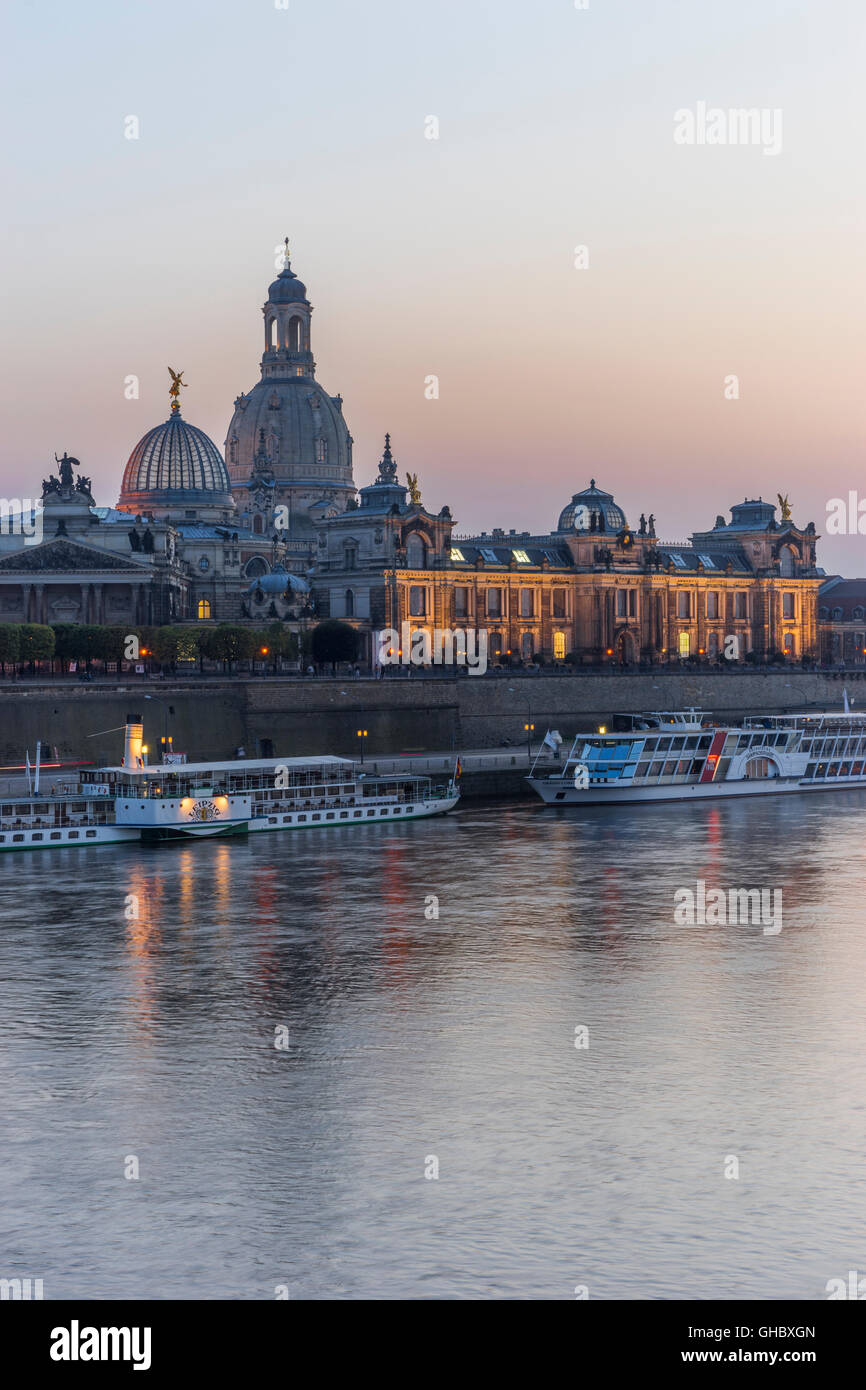 geography / travel, Germany, Saxony, Dresden, Frauenkirche (Church of Our Lady), art gallery in the Lipsius building & academy of arts in the evening, Additional-Rights-Clearance-Info-Not-Available Stock Photo