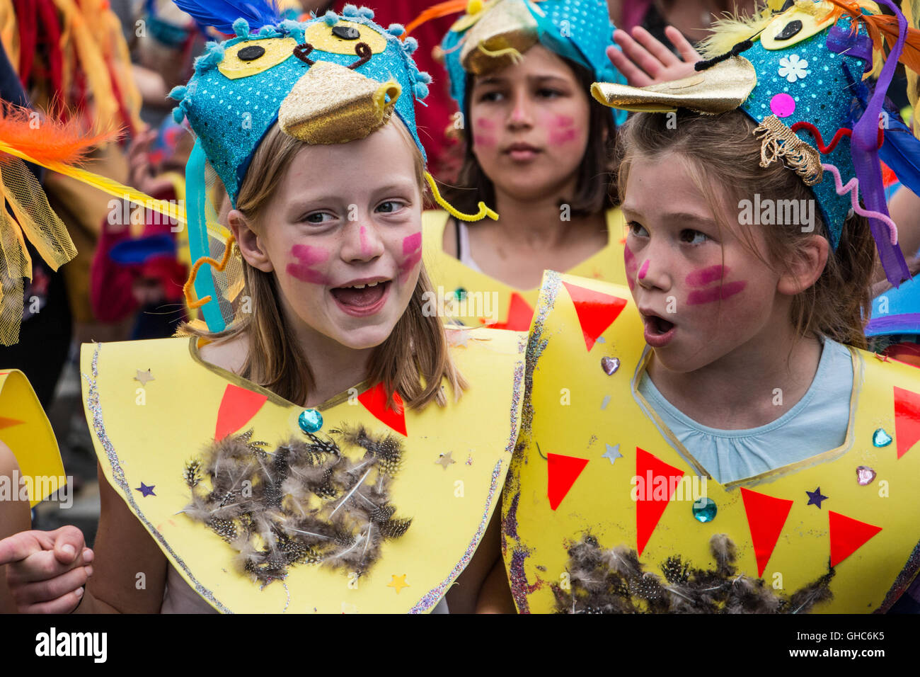 Two young girls in costume taking part in the 2016 Bath Street Carnival, UK Stock Photo