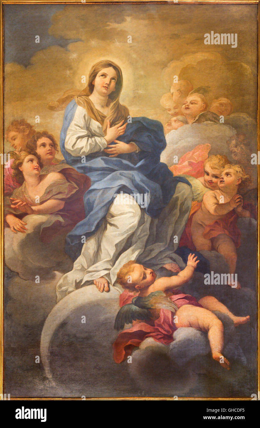 ROME, ITALY, MARCH 9, 2016: The Immaculate Conception painting in church Chiesa di San Silvestro in Capite by Lucovico Gimignani Stock Photo